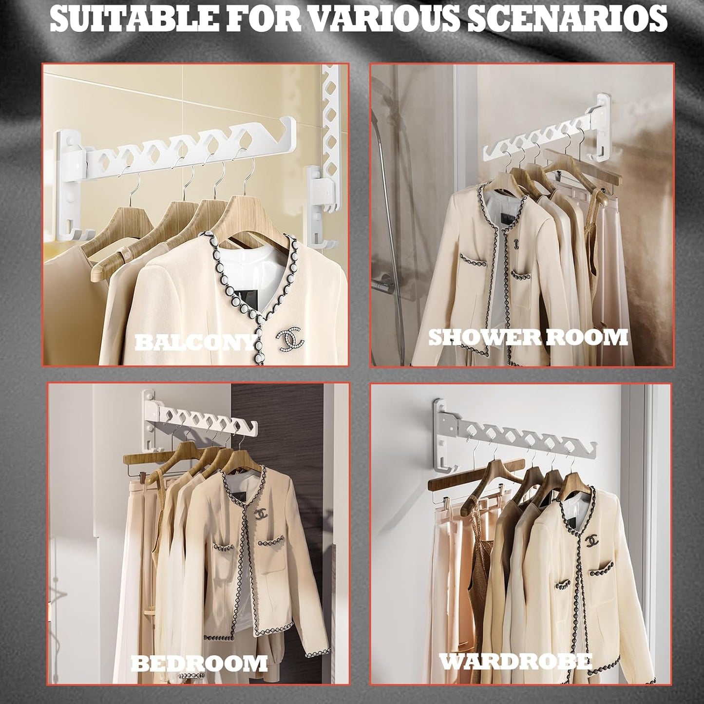 Wall Mount Coat Hanger Holder White Clothes Drying Organizer Rack Garment Hooks Aluminium Retractable Folding Indoor Wall Mounted Hanger Space Saver for Laundry Room Bedroom White 2 Pack with 8 Hooks