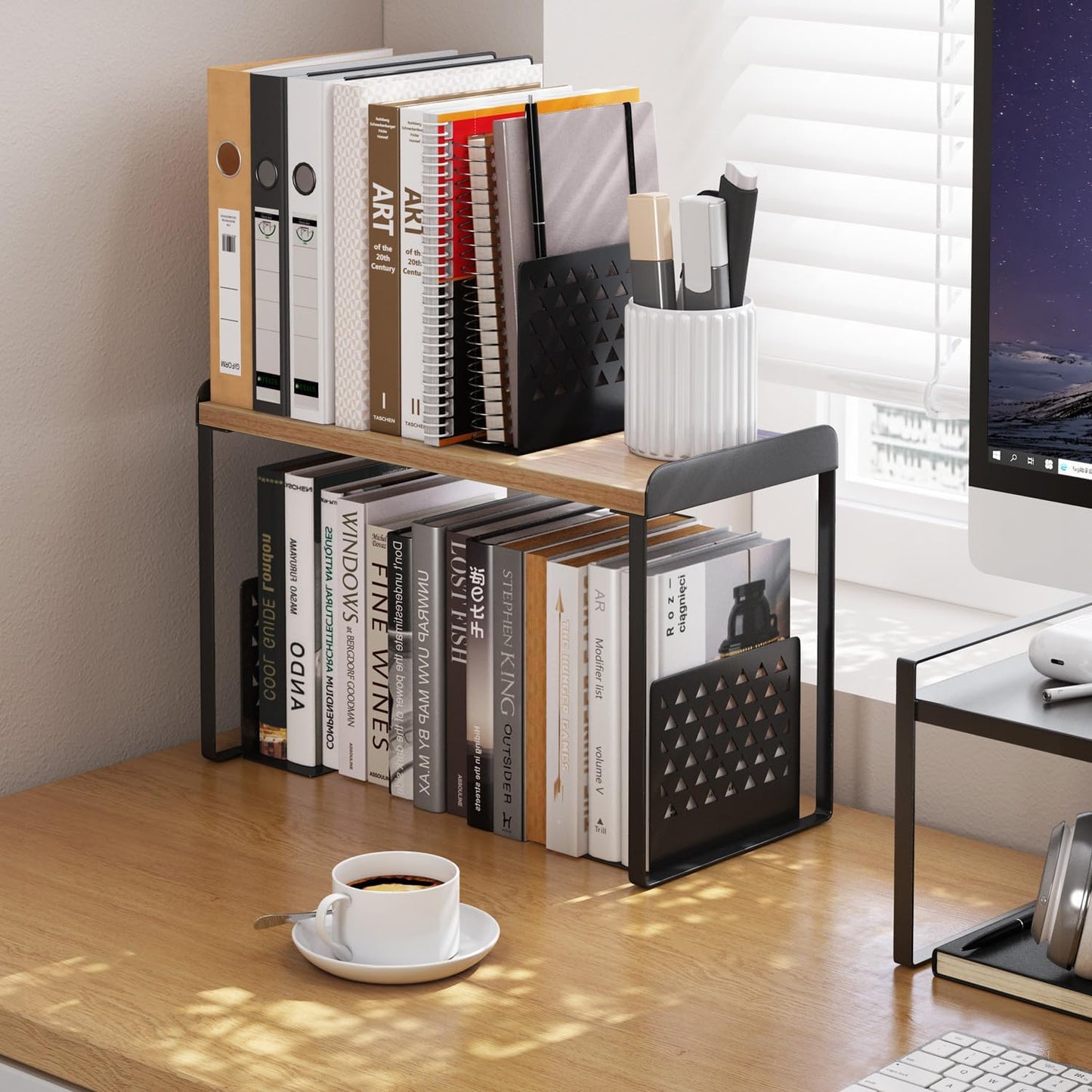 Mitus Shelf Organizer and Storage, Tiered Wood Cabinet Rack for The Kitchen Counter, Bathroom Counter, Pantry Cupboard, Office Desk Bookshelf, 16" Wide Natural and Black (Large)