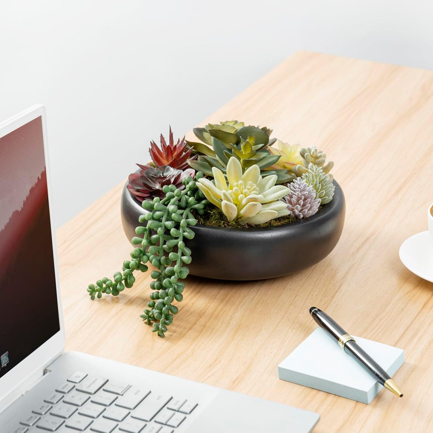 MyGift 8-Inch Artificial Succulent Plant Arrangement, Assorted Fake Plants in Modern Black Round Concrete Planter Bowl