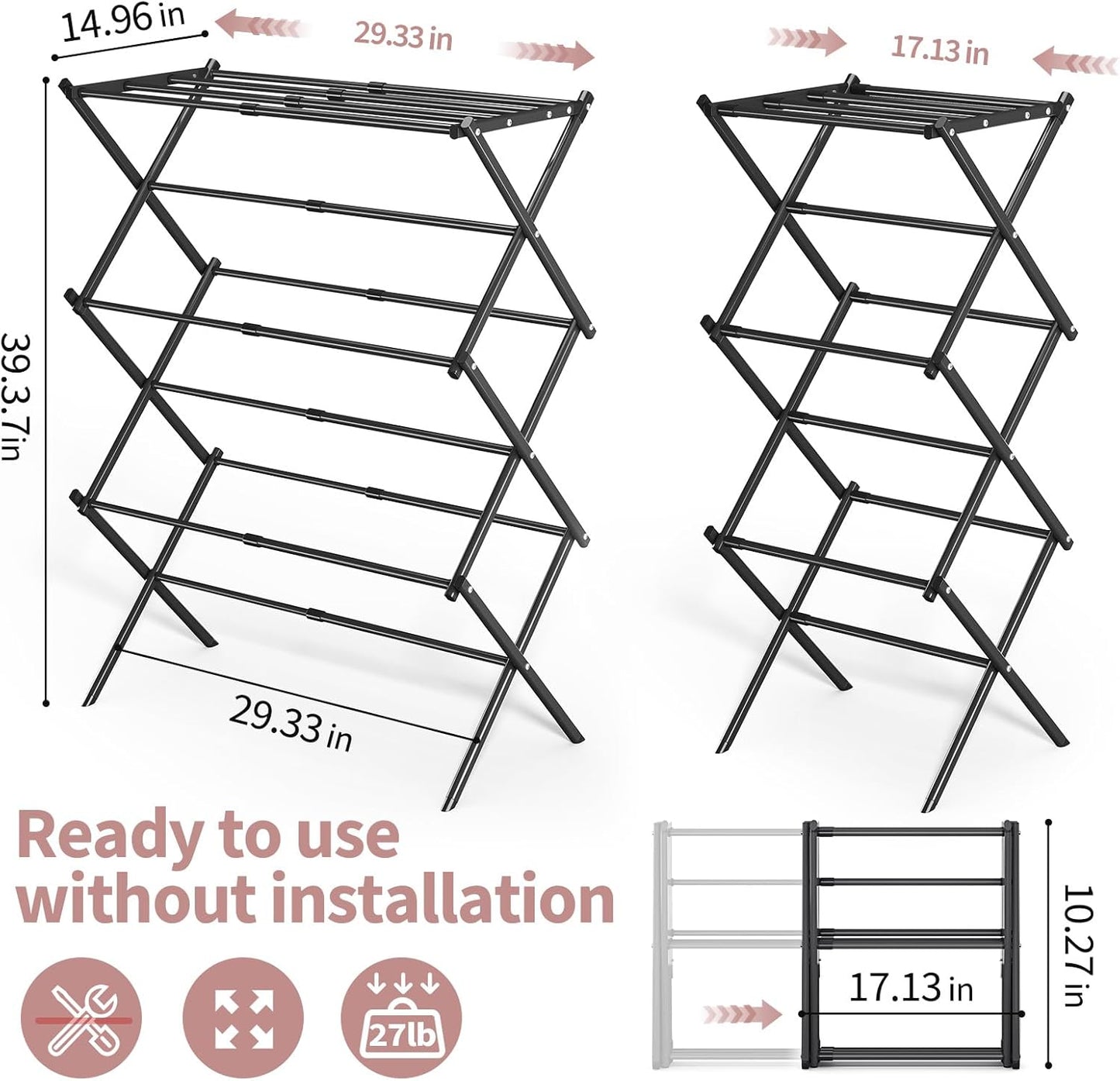APEXCHASER Clothes Drying Rack, 3-Tier Laundry Drying Rack for Clothes, Expandable Metal Clothing Dryer, Collapsible Towel Rack, Air Drying Rack, Black