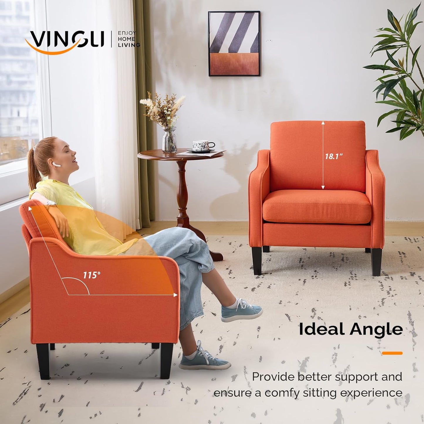 VINGLI Burnt Orange Mid Century Modern Accent Chair for Living Room & Bedroom, Scooped Arm, Upholstered Comfy Chair for Apartment, Waiting Room