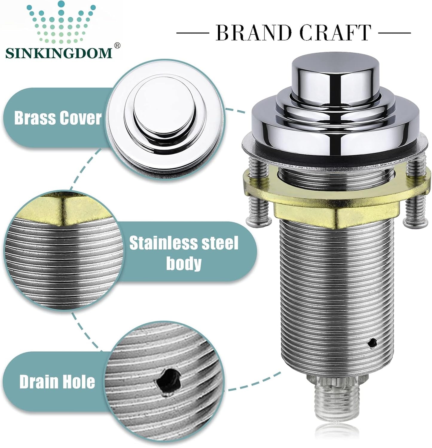 SinkTop Air Switch Kit (Long Full Brass Button) for Disposal, Dual Outlet, (Chrome)