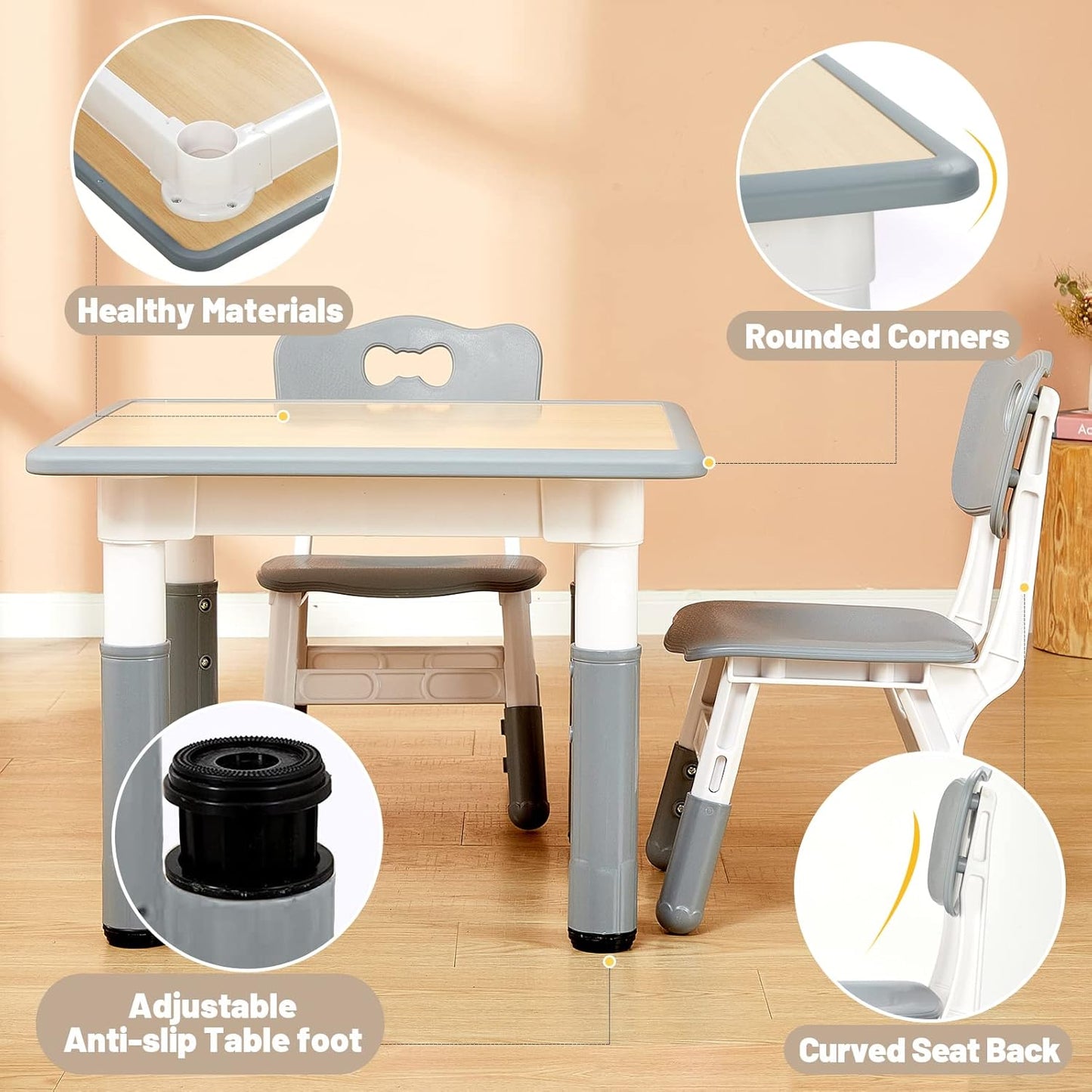 FUNLIO Kids Table and 4 Chairs Set, Height Adjustable Toddler Table and Chair Set for Ages 3-8, Easy to Wipe Arts & Crafts Table, for Classrooms/Daycares/Homes, CPC & CE Approved (5-Piece Set) - Gray