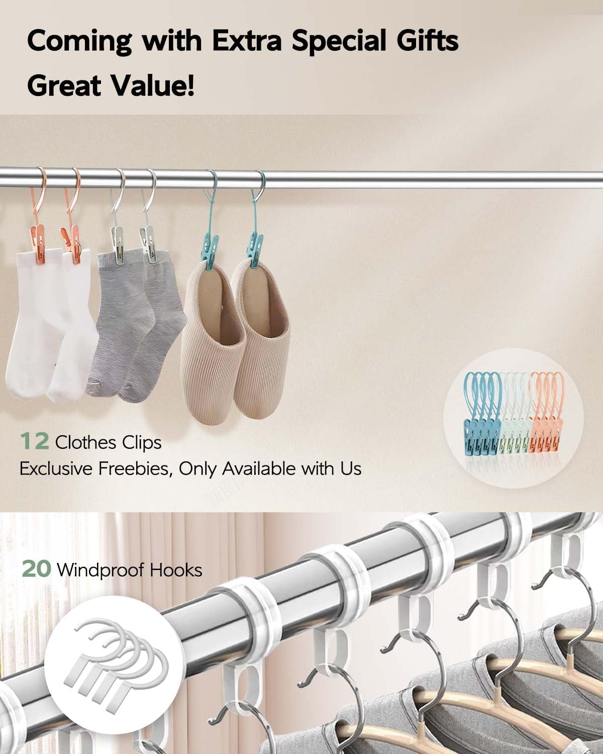 Clothes Drying Rack 63 Inches Folding Indoor Outdoor, Drying Rack Clothing Collapsible, Foldable Portable Laundry Drying Rack, Heavy Duty Laundry Hanger Dryer Rack, with 20 Hooks 12 Clips