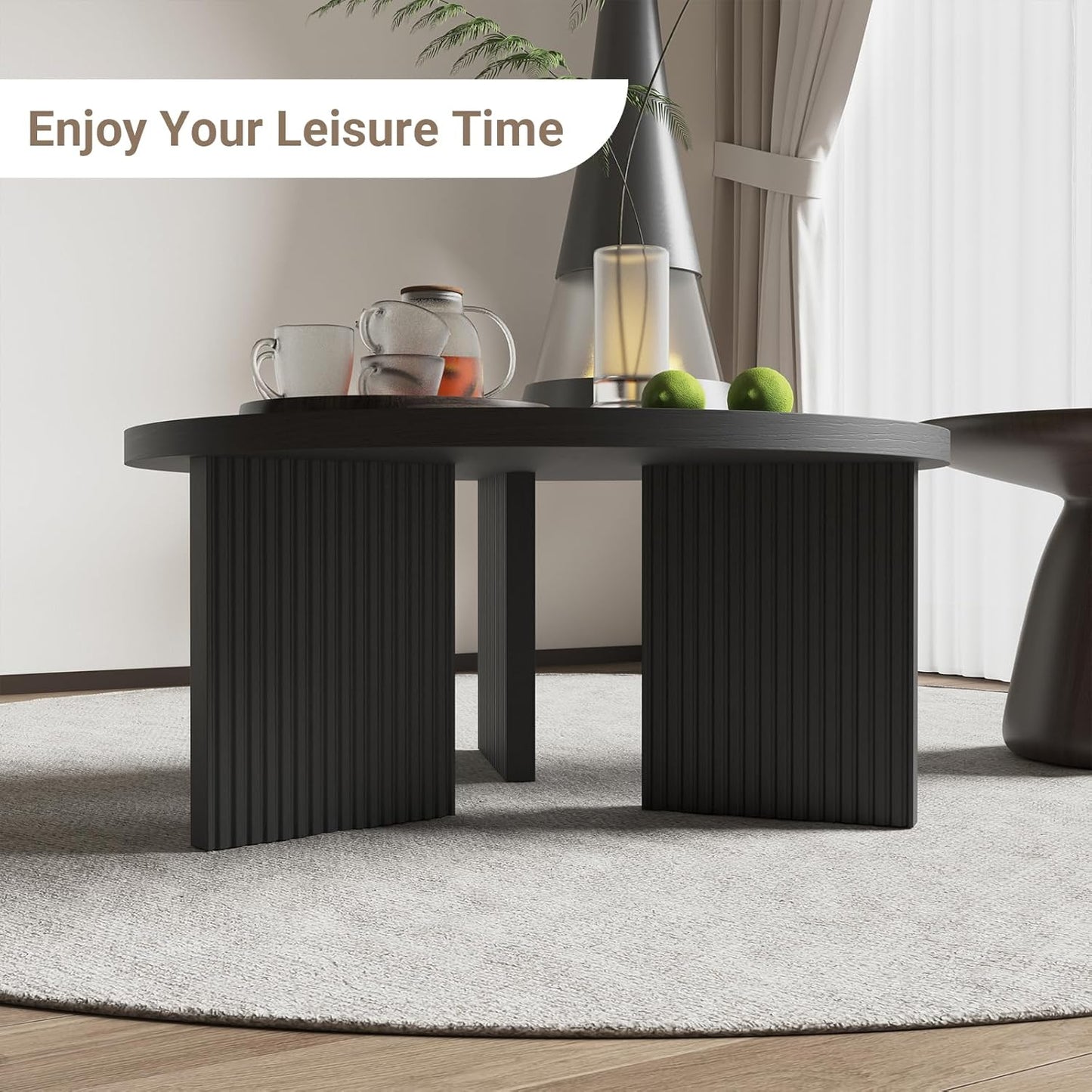 Wooden Round Coffee Table, 35" Coffee Table with Smooth Thick Mesa, Low Circle Center Table with X Shaped Stable Legs, Accent Tea Table for Living Room, Office, Black