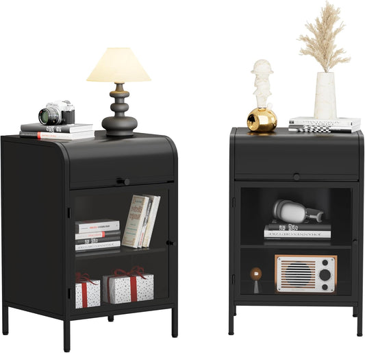 Modern Metal Side Tables Set of 2, End Tables with Glass Door, 2-Tier Nightstands with Storage Shelves, Accent Table, Slim Sofa Table for Living Room, Bedroom (Black)