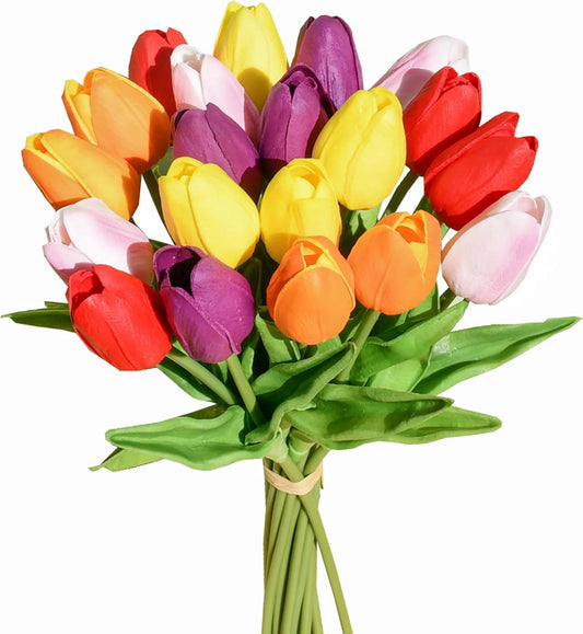 Mandy's Artificial Tulips 20 Stems Multicolor PU Faux Flowers for Wedding Home Decor 13.5 Inch
