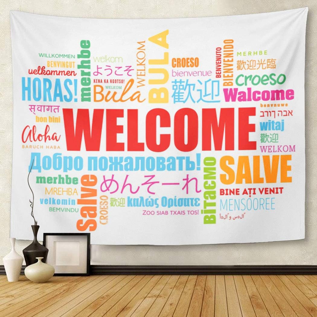 TOMPOP Tapestry World Welcome Word Cloud in Different Languages Conceptual Multilingual Home Decor Wall Hanging for Living Room Bedroom Dorm 50x60 Inches