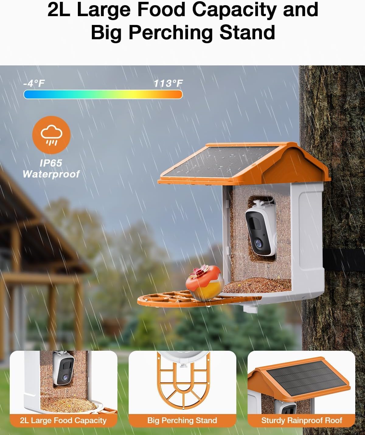 Smart AI Bird Feeder with Camera: Solar-Powered, 2K Live Video, Bird‘s Species Identification, Arrival Alerts, and Motion Capture –Wireless Bird Camera for Watching Birds (Orange)