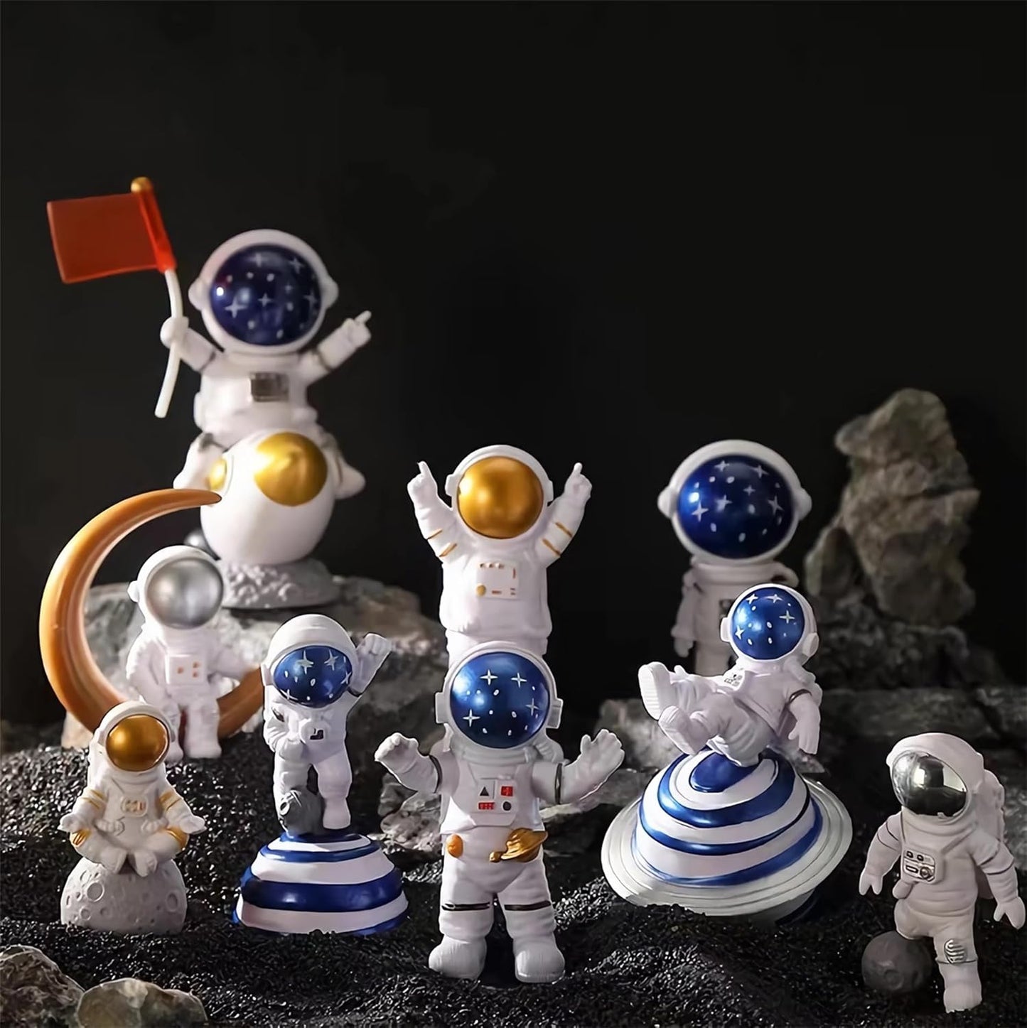 Blue Astronaut Statues Set of 3, Outer Space Theme Figurines Planet Nursery Classroom Bedroom Decor Cake Toppers