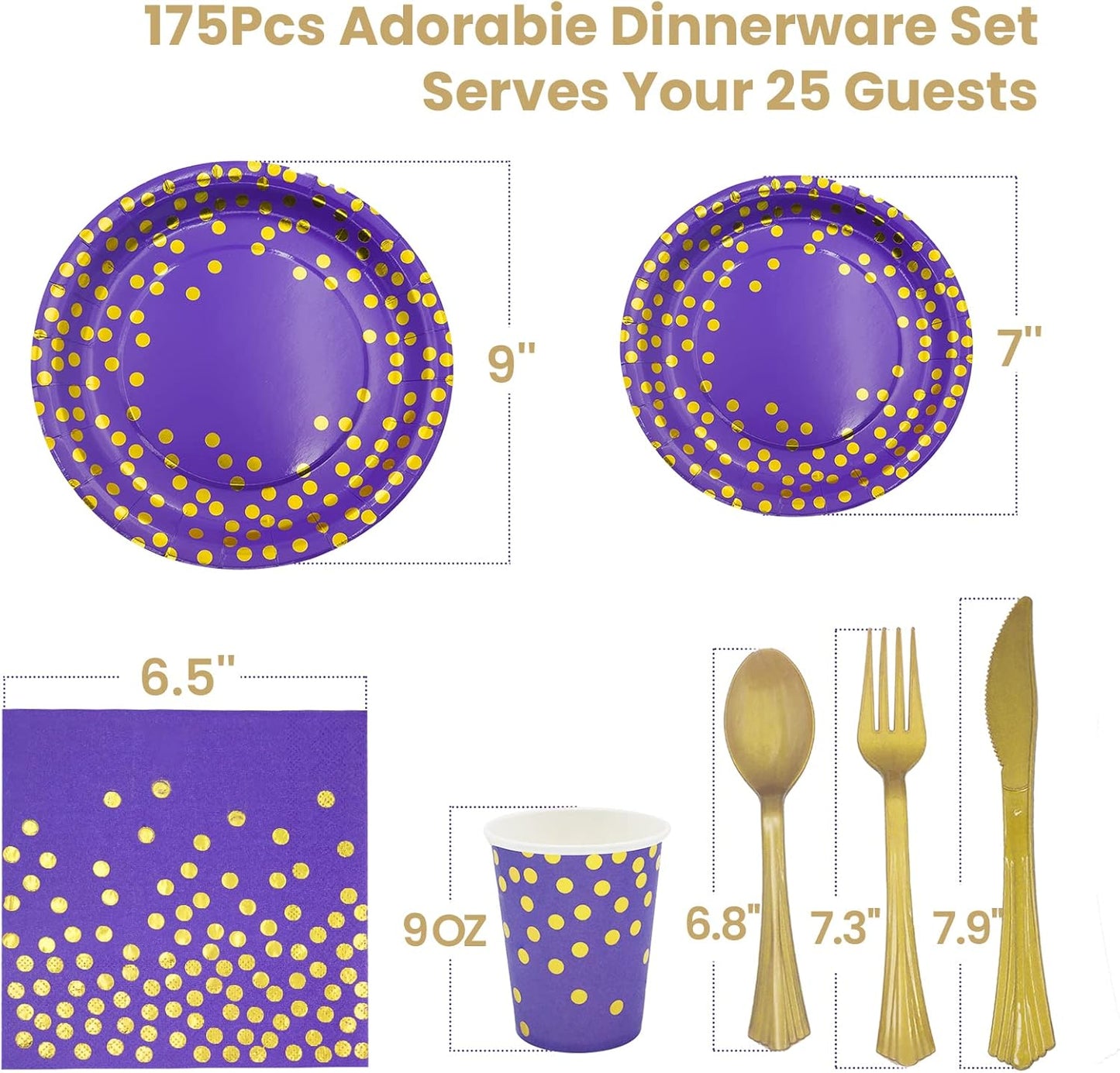 AIRE 175PCS Purple Gold Paper Plates Party Supplies for 25 Guests Party Decorations Disposable Dinnerware Paper Plates Cups Napkins Gold Plastic Forks Knives Spoons for Birthday Baby Shower Wedding
