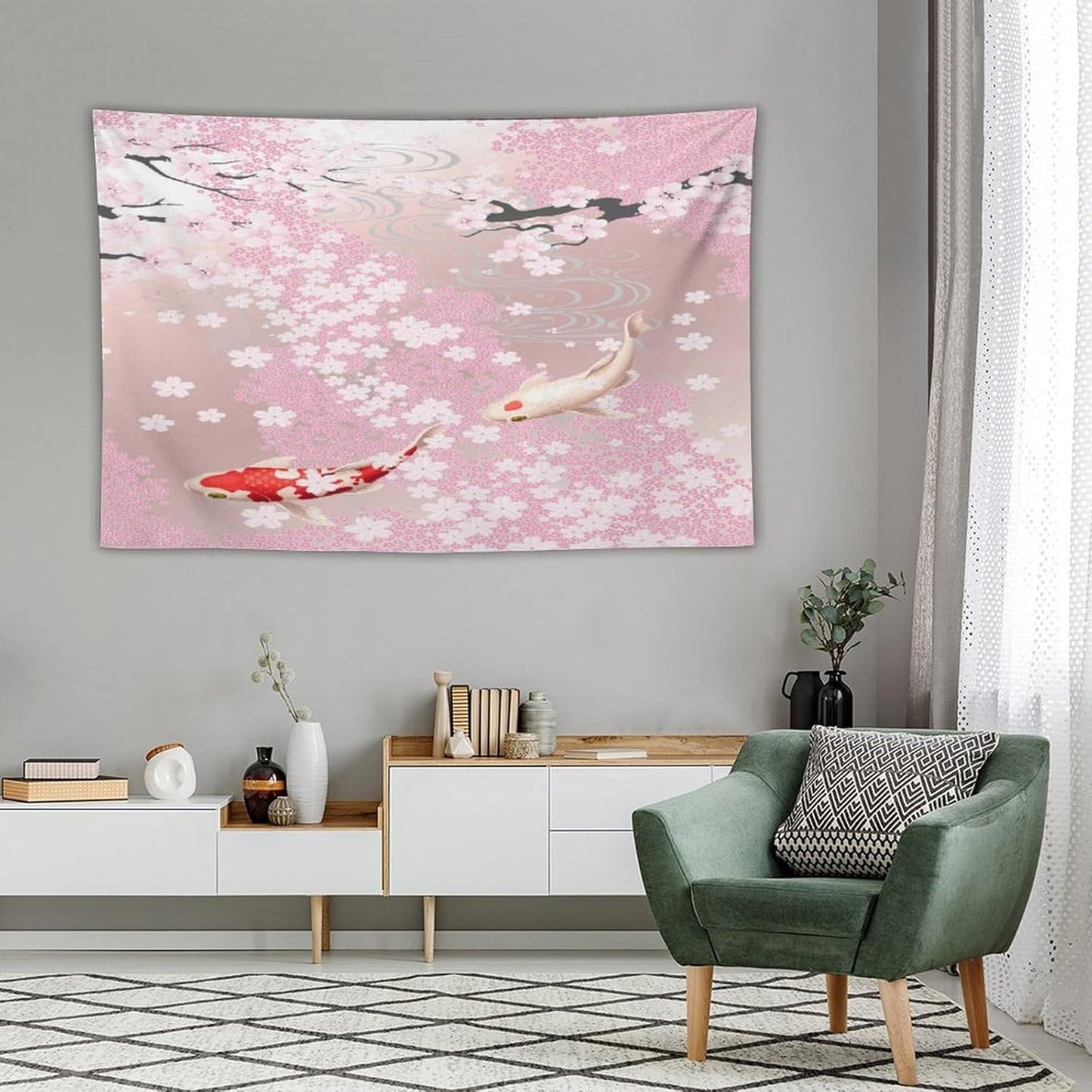 Houselerax Japanese Koi Fish Tapestry, Cherry Blossoms Asian Oriental Pink Flower Branch Koi Fish Carp Tapestries Wall Hanging for Bedroom Living Room Office Decor 60"x40"