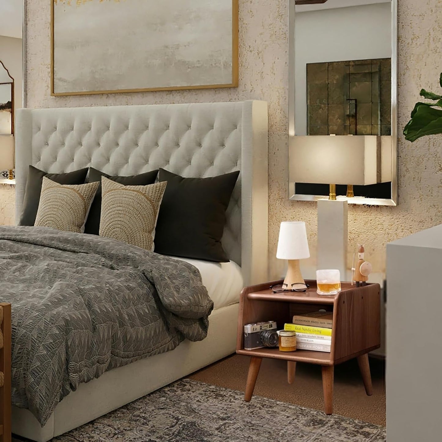 Small Nightstand, 100% Solid Oak Wood Bedside Table, Mid Century Modern Nightstand with Open Storage,Storage Cabinet for Bedroom (2pc Walnut Color)