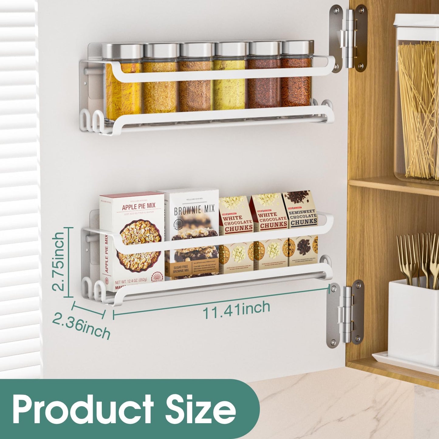 LUCYCAZ 6 Pack Wall Mounted Spice Rack with 22 Hooks, Spice Organizer Shelf for Stove Cabinet Pantry Door,Screw or Adhesive Spice Shelf Hanging Wall Spice Rack in Kitchen and RV (White, 6 PACK)