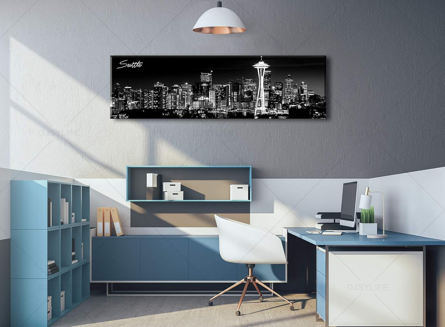 Seattle City Skyline Wall Art Black and White Canvas Prints Panorama Cityscape Picture Night View Painting Poster Modern Artwork Home Decor for Office Living Room - Ready to Hang 13.8" x 47.3"