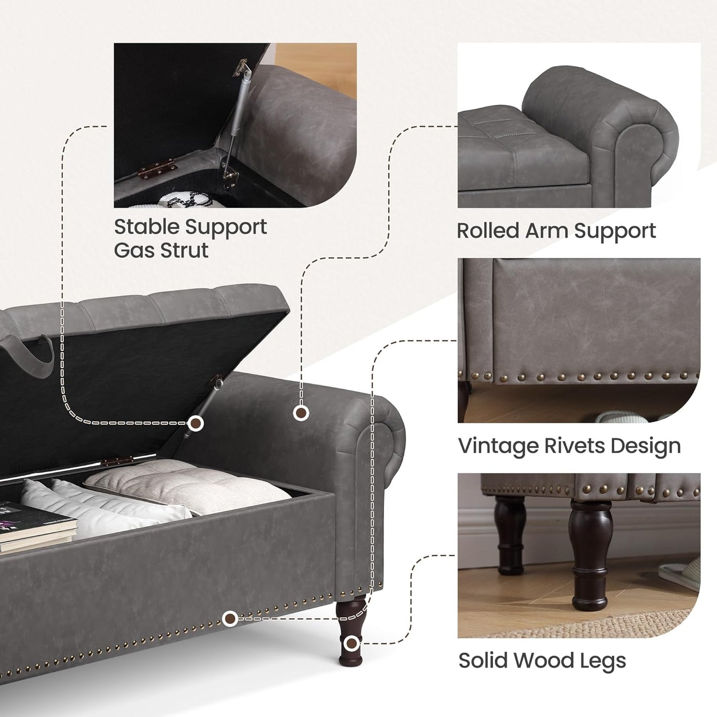 Storage Bench for Bedroom, 51" Full Queen Storage Bench, Upholstered Bedroom Bench with Rolled Arms and Vintage Rivets for Living Room, Storage Room, Entryway, Gray