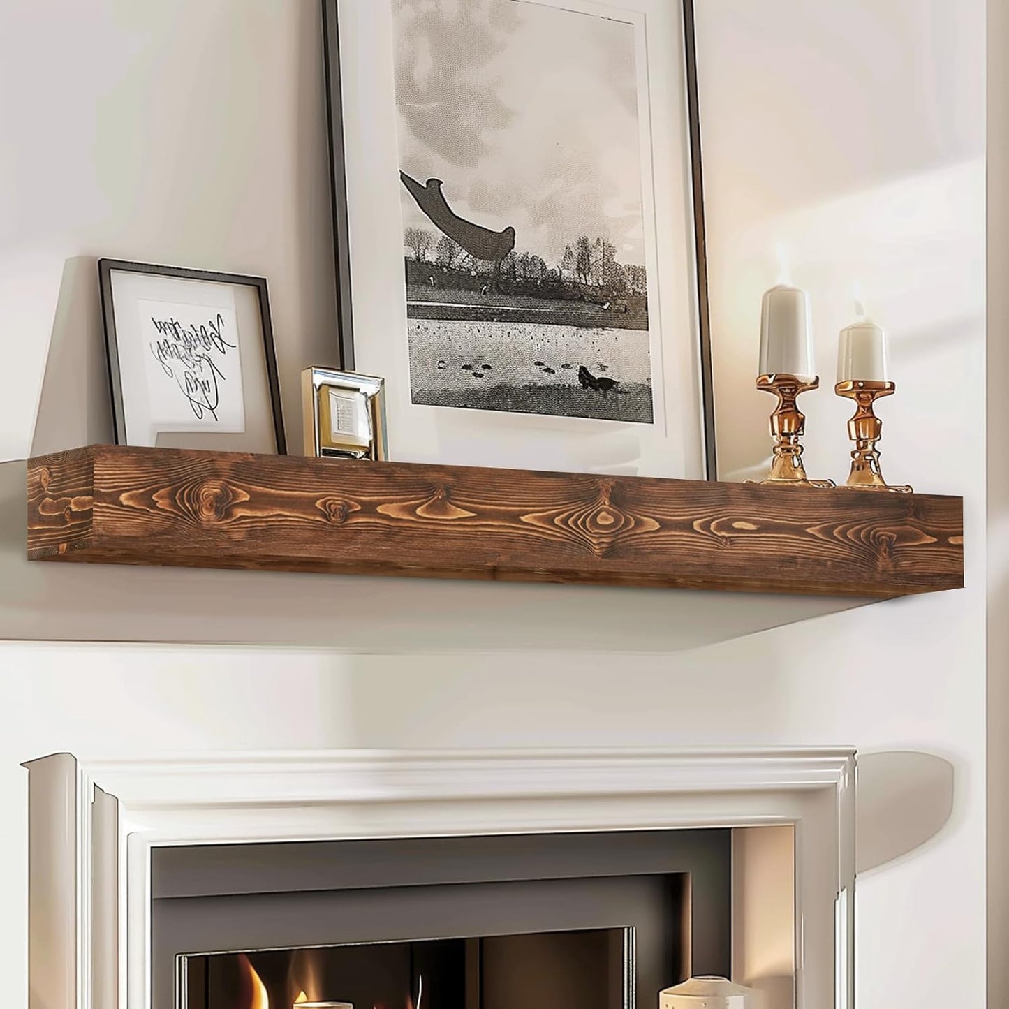 48x8x5 Fireplace Mantel - Handcrafted Hollow Rustic Solid Wood Wall Mounted Floating Shelf with Invisible Heavy Duty Wood Bracket (Weathered Brown)