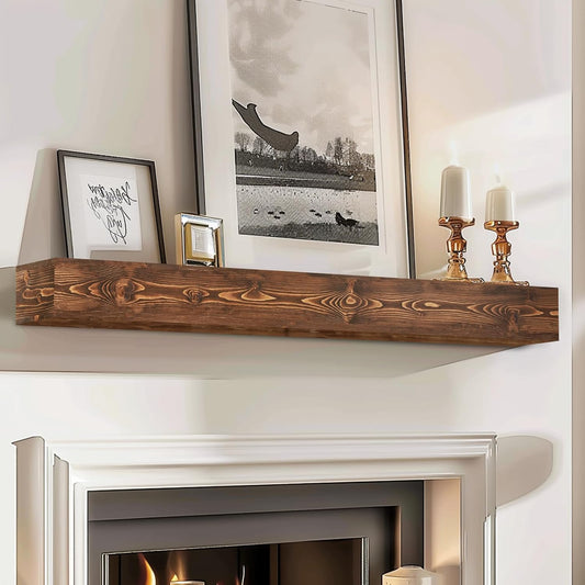 48x8x5 Fireplace Mantel - Handcrafted Hollow Rustic Solid Wood Wall Mounted Floating Shelf with Invisible Heavy Duty Wood Bracket (Weathered Brown)