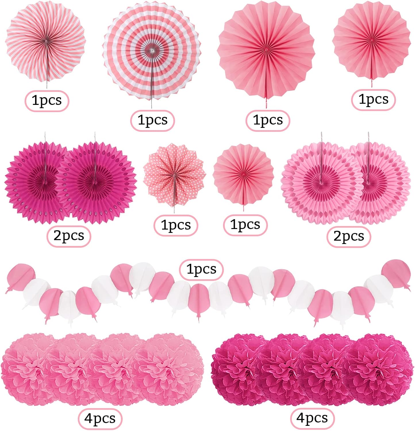 Party Decorations, Pink Papar Fans Pompoms Garlands for Women Girls Mothers Day Bachelorette Wedding Birthday Baby Showers Valentine's Day Party Decorations