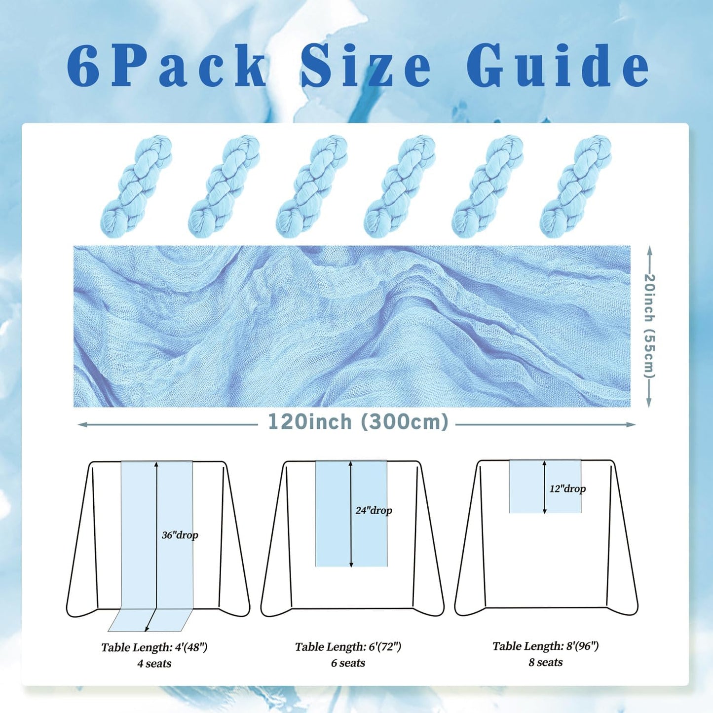 6 Pack Baby Blue Cheesecloth Table Runner 20 x 120 Inch Long Rustic Gauze Cheese Cloth Table Runner for Wedding 10FT Bridal Baby Shower Table Decorations Boho Fabric Sheer Birthday Party Table Decor