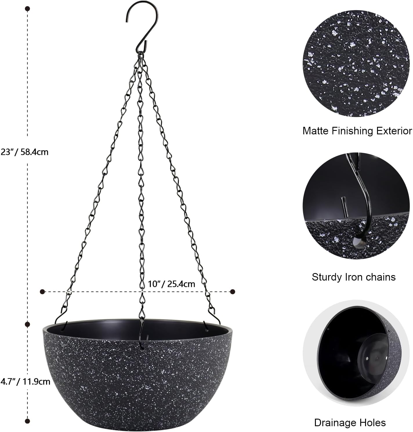 10 inch Hanging Planters for Indoor Outdoor Plants, 2 Pack Hanging Flower Plant Pots with Drainage Holes and Chain for Garden Porch, Plastic Hanging Baskets for House Plants, Speckled Black