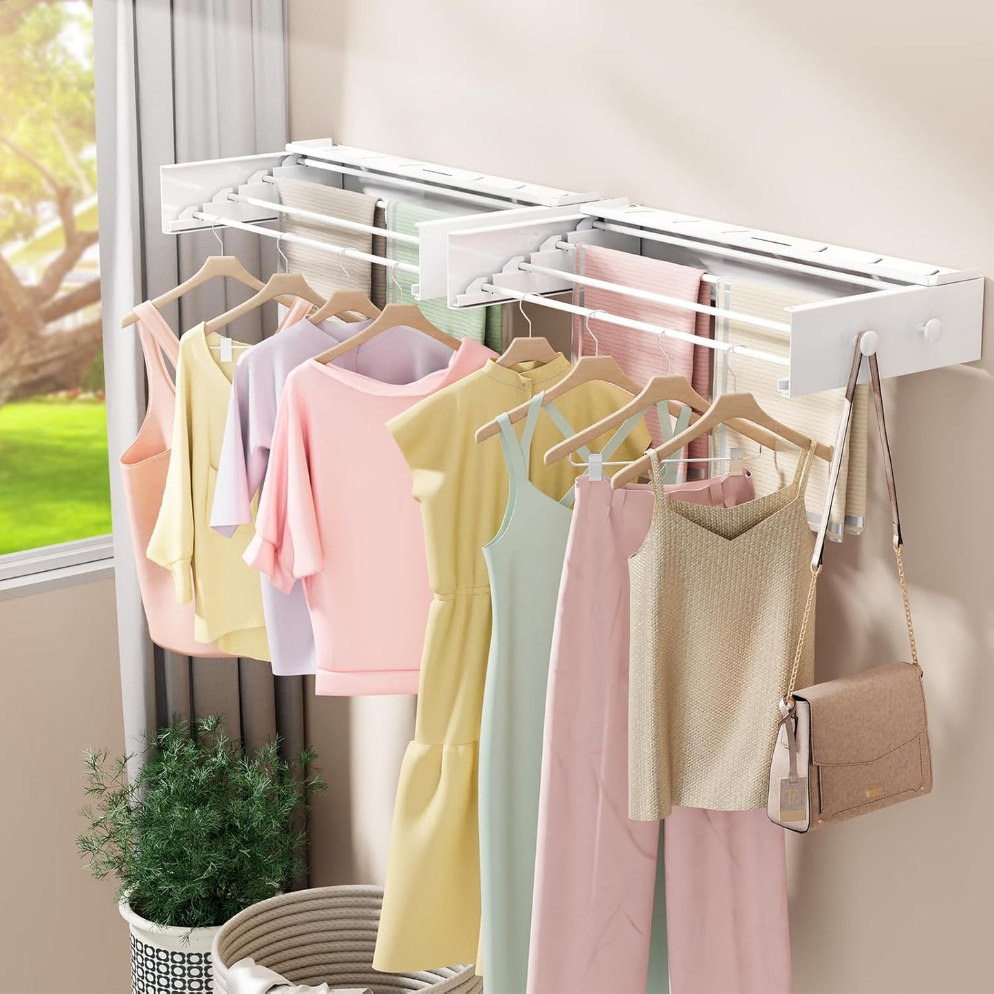 Wall Mounted Drying Rack with 4 Hooks and Shelf, Foldable Clothes Drying Rack for Laundry Room, Collapsible Laundry Rack Wall Mount, for Indoor Outdoor Hanging Clothes, 23.6 Inch