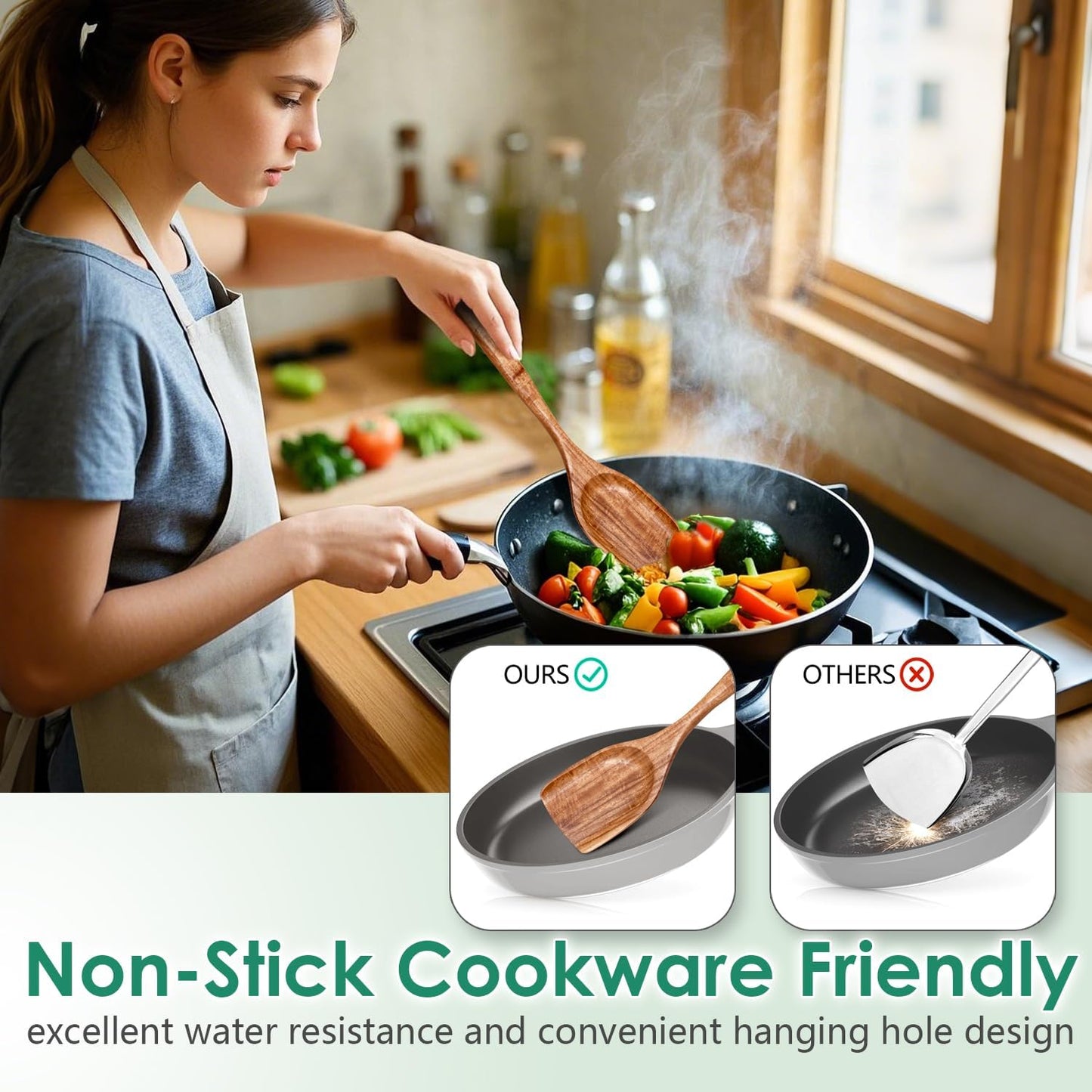 Wooden Spoons for Cooking 6 Piece - Natural Teak Wood Kitchen Utensils Set - Smooth Finish Soft Comfort-Grip Safe for Nonstick By HOWHONG