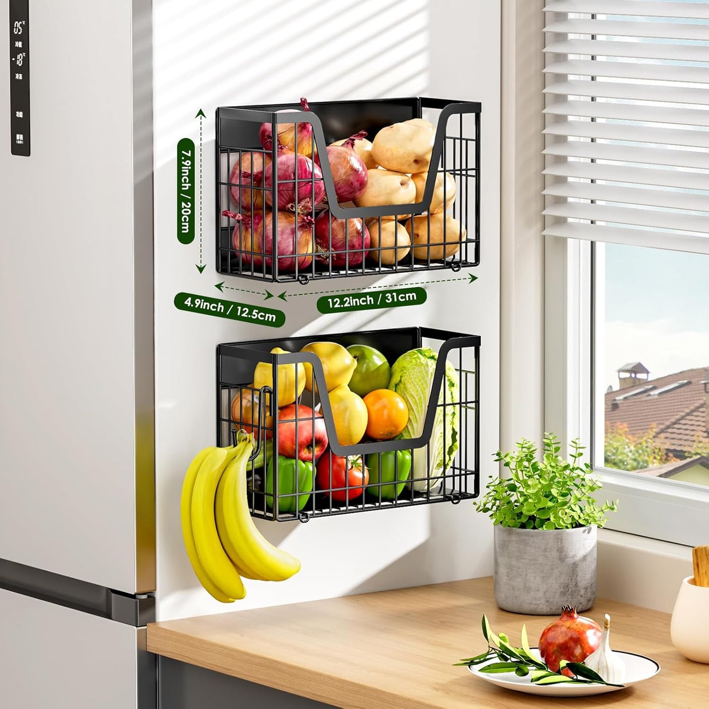 2 Set Magnetic Shelf for Fridge, Potato & Onion Storage Bins, Magnetic Fruit Basket for Refrigerator Pantry Kitchen Counter Laundry, Magnetic Fridge Organizer Spice Snacks Magnet Fridge Shelf