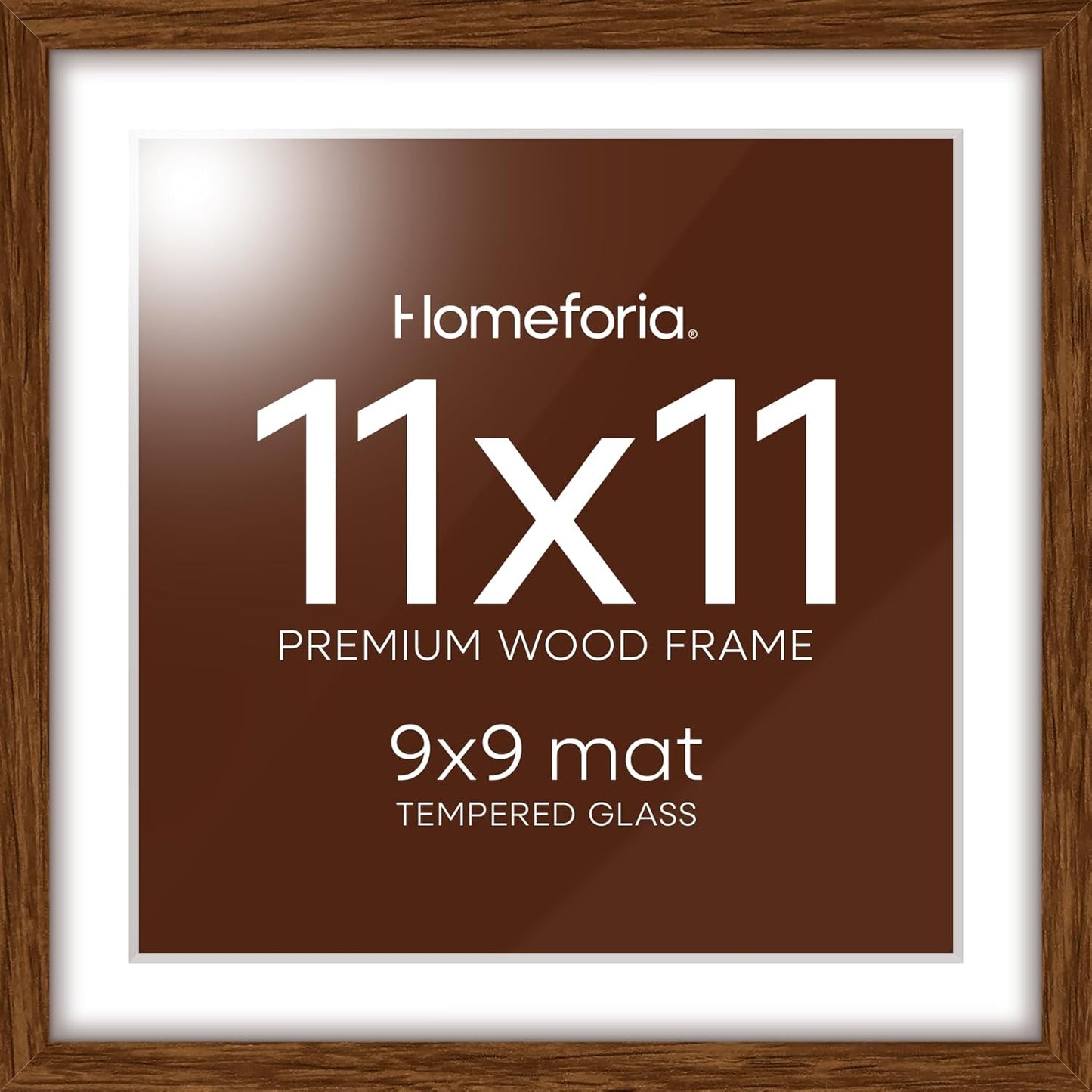 Homeforia 11x11 Picture Frame Brown, High-End Dark Oak 11 x 11 Square Brown Wood Frames with Mat 9 by 9 Photo, 11by11 Wooden Walnut Poster Frame Matted to 9x9 Print, Tempered Glass, Wall Kit, Set of 1