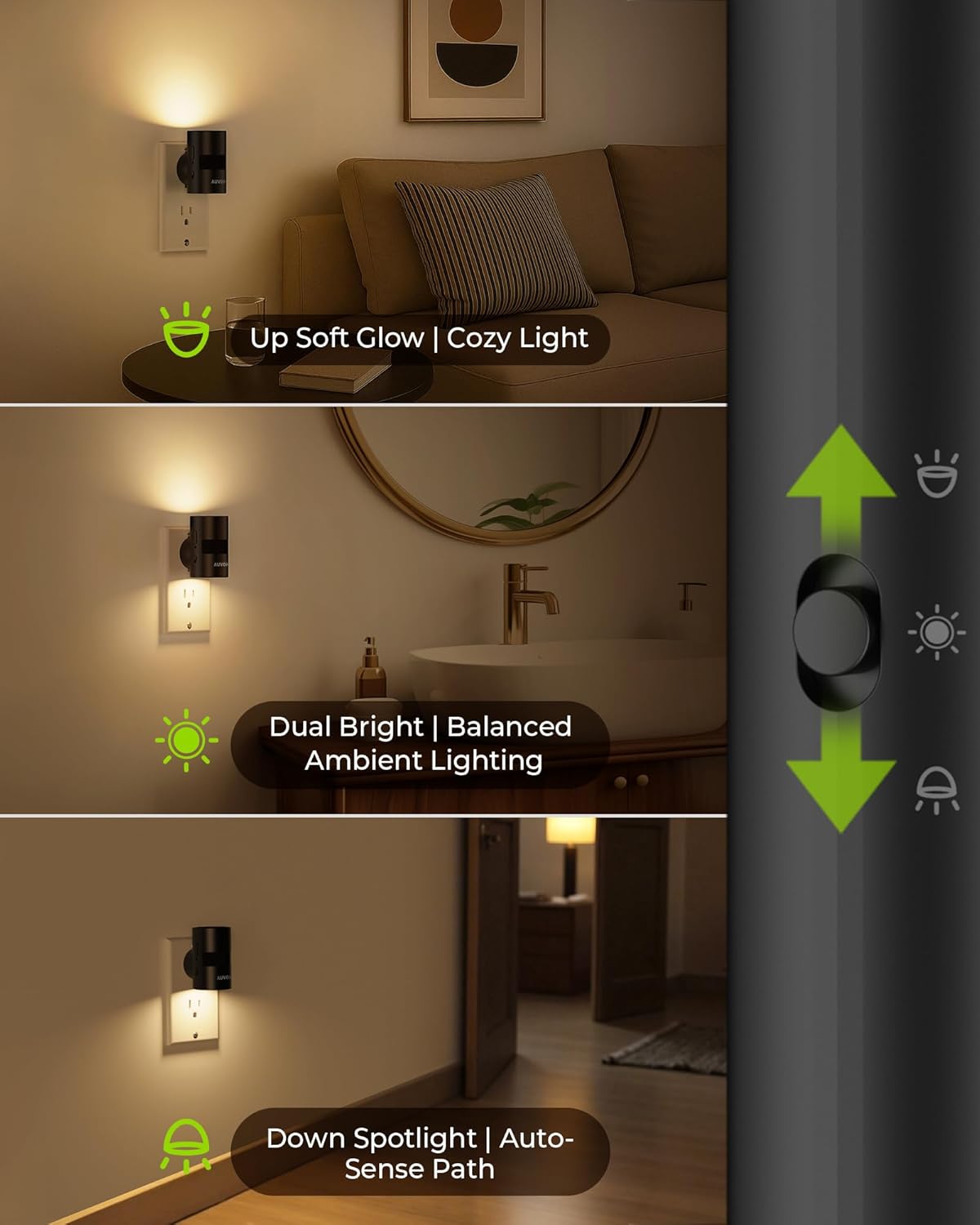 AUVON LED Night Lights Plug into Wall, Dimmable Night Light with Motion Sensor, Dusk to Dawn Sensor & Rotatable Design, 1-100LM Adjustable Brightness Warm White for Bedroom, Hallway, 2-Pack