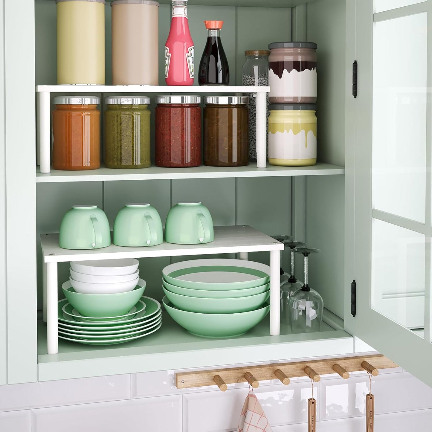 Cabinet Organizer Shelf(Set of 2),Kitchen Counter Shelves,Bamboo Spice Rack Countertop and Cabinet,Stackable Expandable,Large(White)