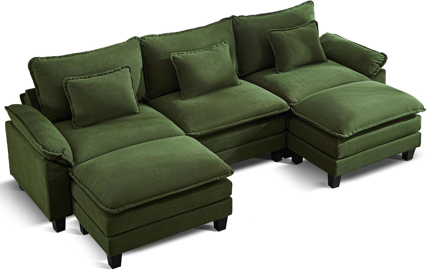 URRED Modular Sectional Sofa Comfy Cloud Couch, Modern Corduroy Sofa Sleeper Deep Seat Couches with Ottoman/Pillows for Living Room (Green, 117'' - U Shape)