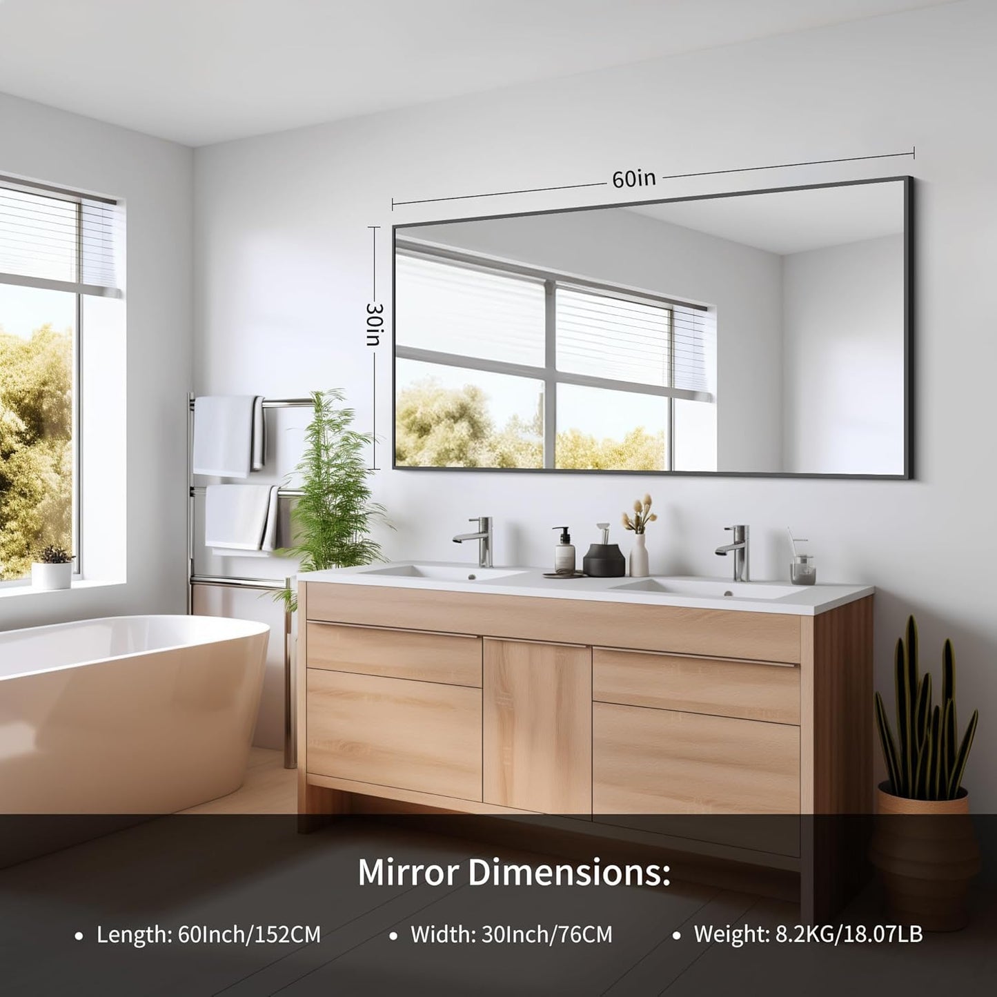 Black Bathroom Mirror for Wall, 60x30 Inch Rectangle Mirrors with Metal Frame, Modern Vanity Wall Mirror Decor for Bathroom Living Room, Entryway Hangs Horizontal or Vertical