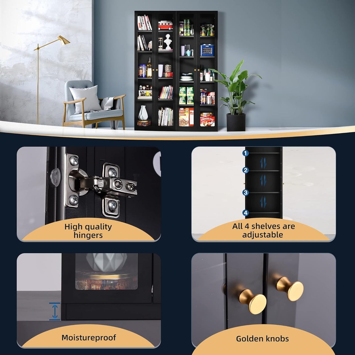 5 Tier Metal Curio Cabinets, Modern Bookshelf Cabinet with 4 Adjustable Shelves, Cabinet Display Case for Home Office, Living Room, Pantry (Black-27.5W)