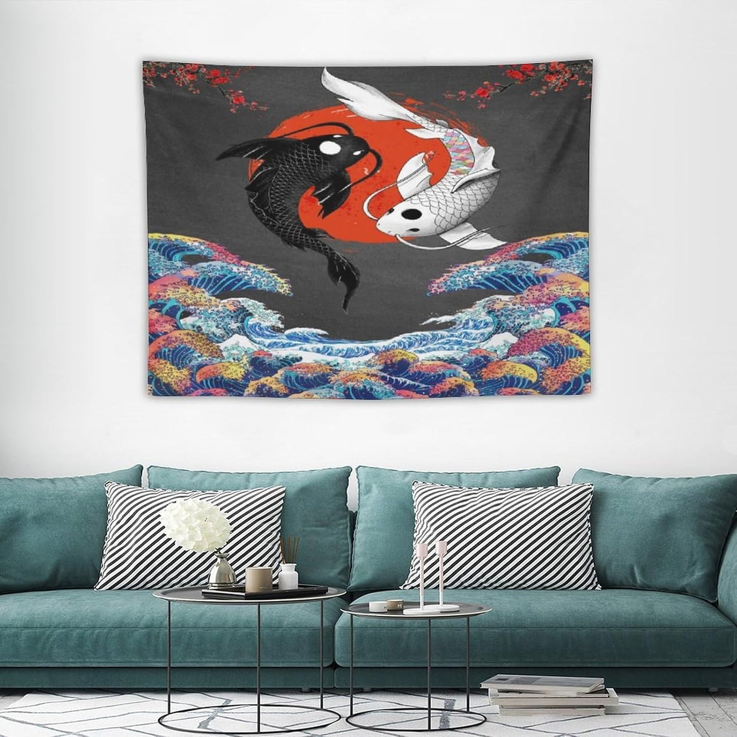 Houselerax Japanese Koi Fish Tapestries, Yin Yang Big Wave Cherry Blossom Tapestry Wall Hanging for Bedroom Living Room Office Decor 40"x30"
