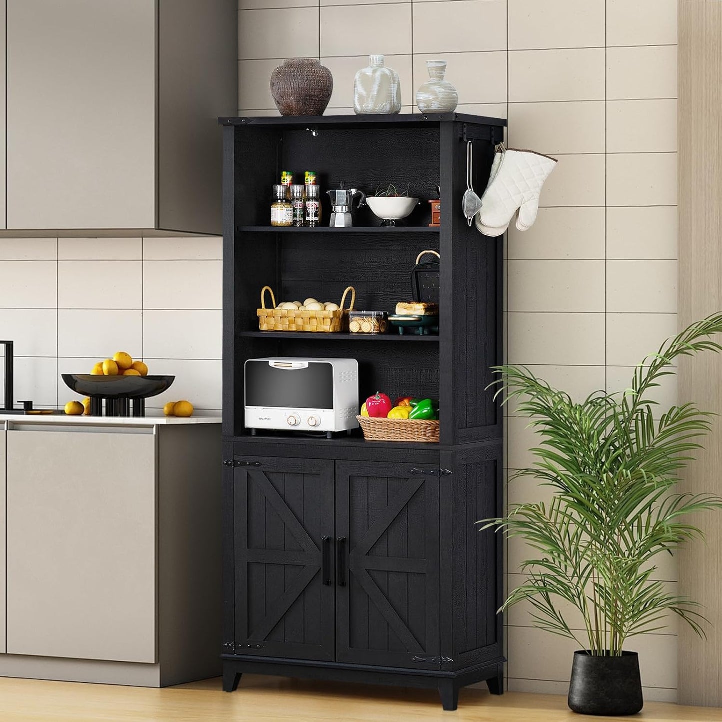 70in Tall Bookshelf 5 Tier Bookcase with Barn Doors and Adjustable Shelves, Black Farmhouse Book Shelf with Storage Cabinet, Wood Freestanding Display Bookshelves for Bedroom, Kitchen (3PCS)