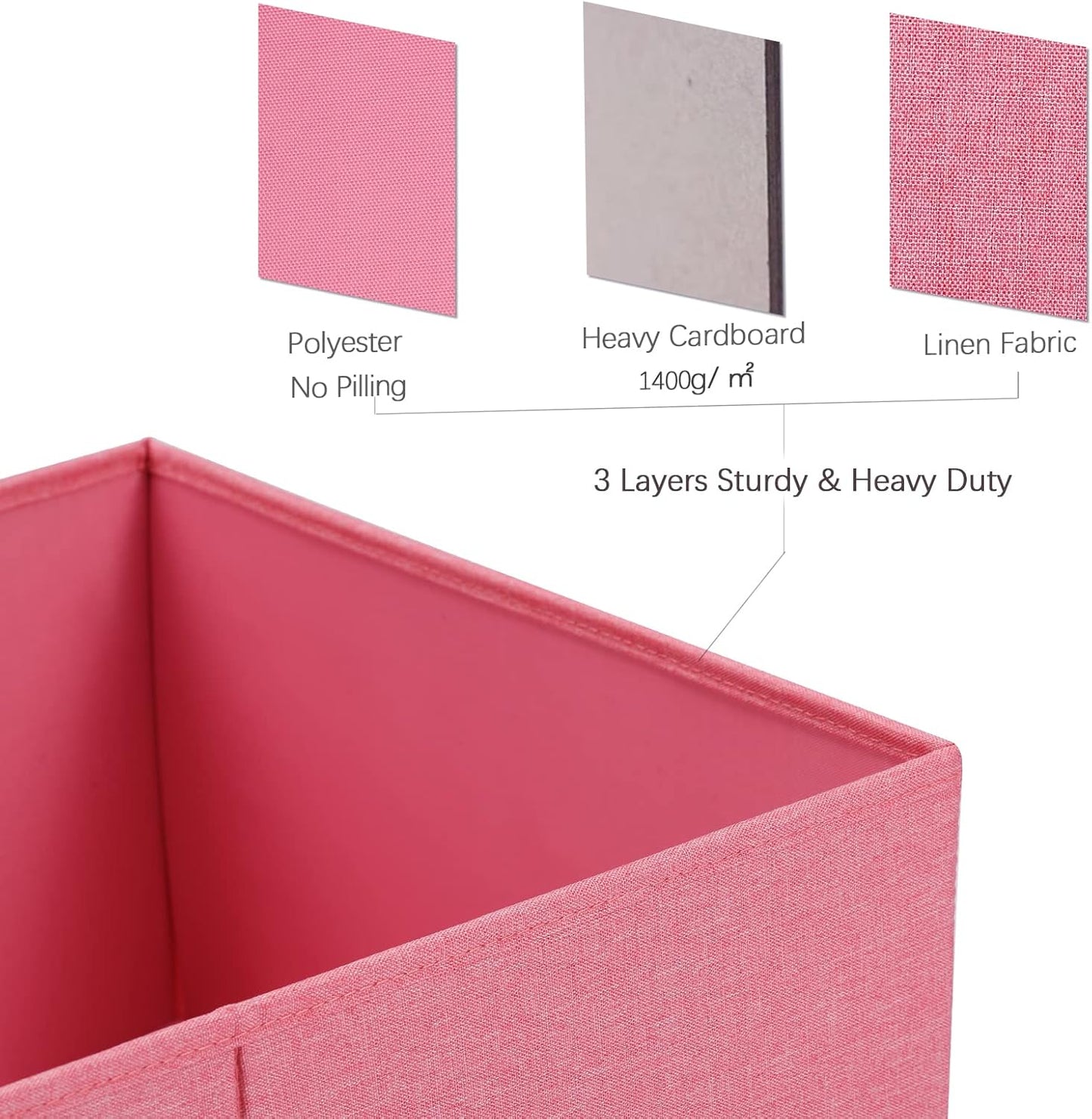 HOONEX Linen Foldable Storage Bins with Lids, 2 Pack, Storage Boxes with Carrying Handles and Sturdy Heavy Cardboard, 16.5" L x 11.8" W x 7.5" H for Shoes, Books, Clothes, Nursery, Pink