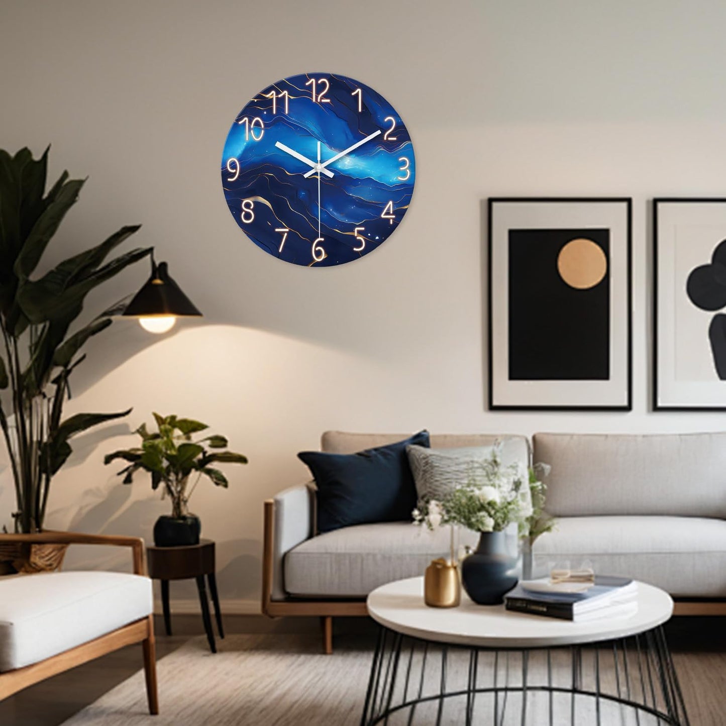 Blue Glass Wall Clocks Battery Operated 20 Inch Marble Large Wall Clocks for Living Room Round Non Ticking Wall Clock Silent