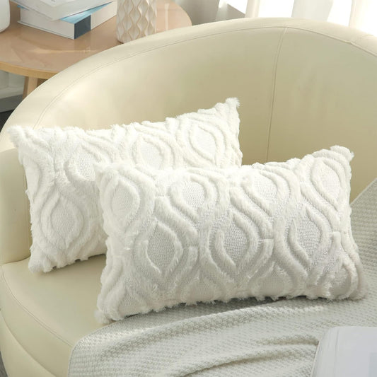 decorUhome Throw Pillow Covers 12x20 Inch Set of 2, Soft Plush Decorative Faux Fur Cream Beige Solid Couch Pillow Covers, Accent Farmhouse Neutral Lumbar Euro Pillow Cases for Sofa Bed Living Room