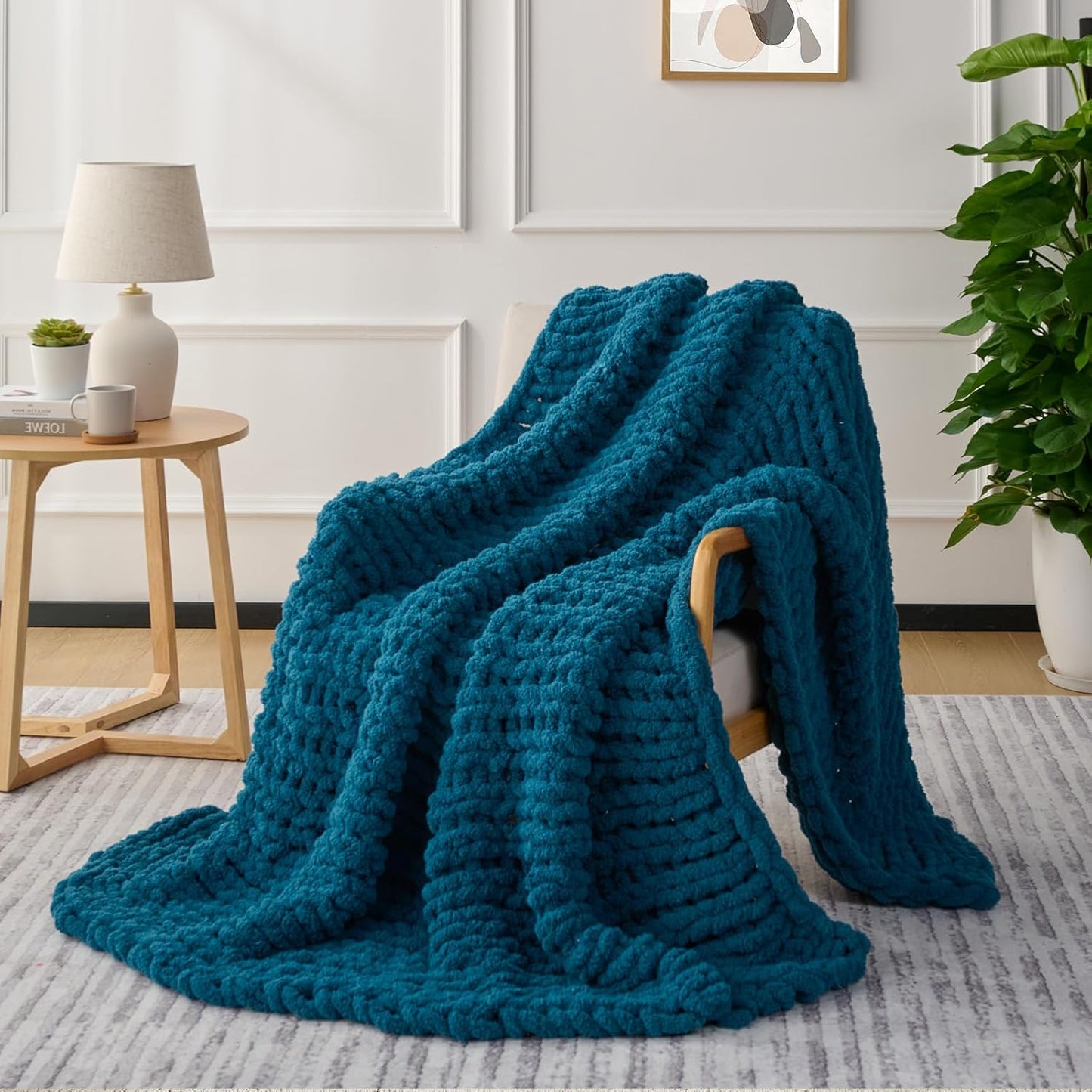 L'AGRATY Chunky Knit Blanket Throw: 72''x84'' Chenille Chunky Knitted Throw Blankets for Bed Couch - Handmade Thick Big Cable Knit Blanket - Large Crochet Rope Blankets for Home Decor(Blue)