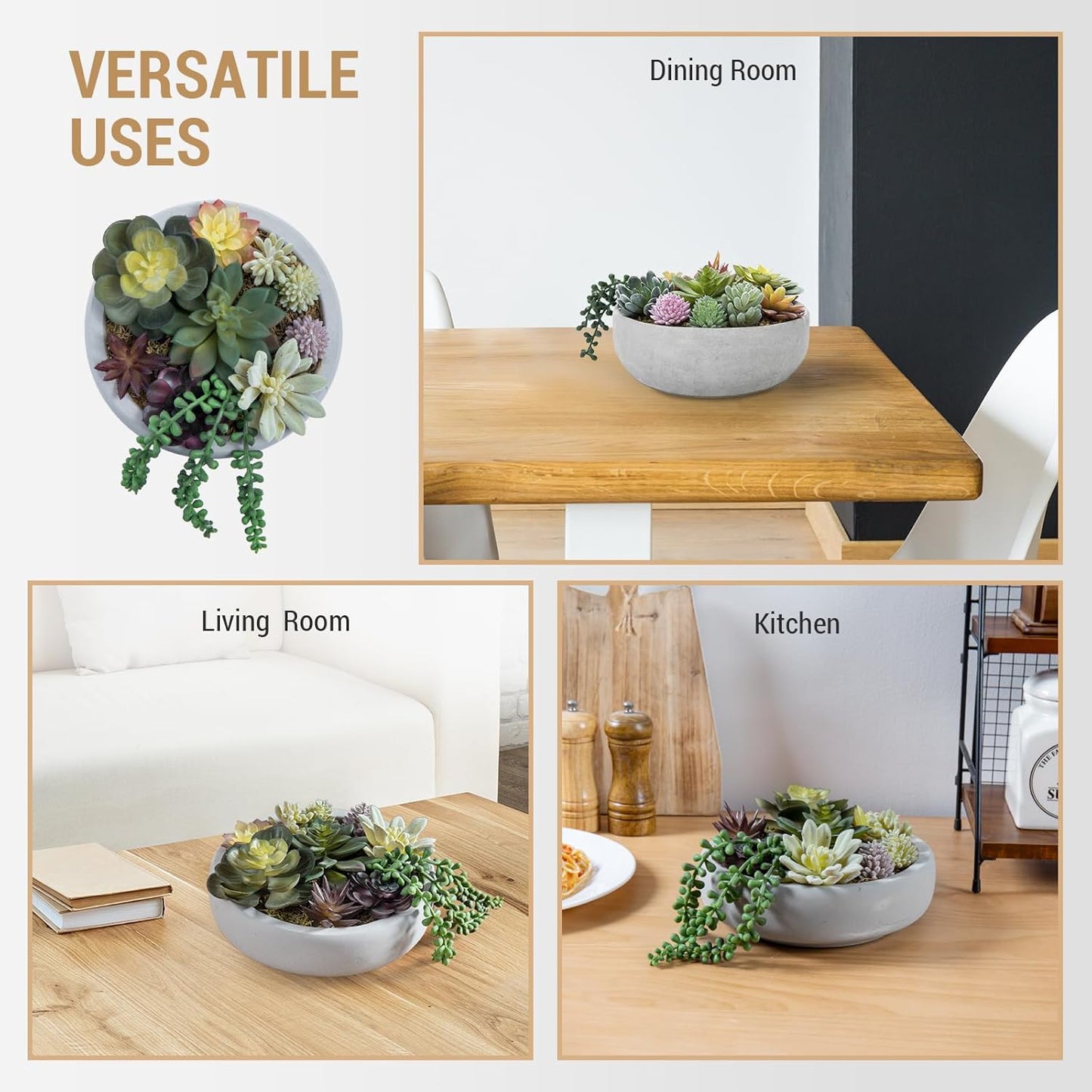 MyGift 8 Inch Round Modern Artificial Succulent Arrangement Potted in Gray Concrete Plant Bowl, Assorted Faux Mini Succulents in a Decorative Planter Pot