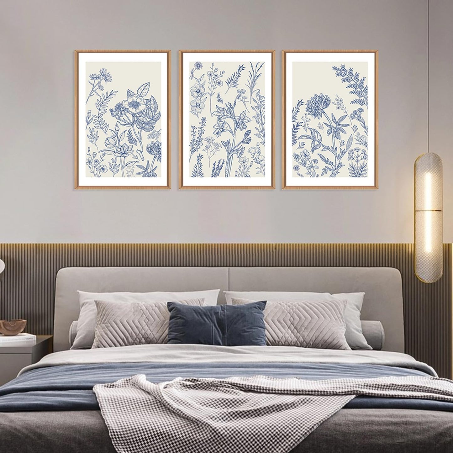 HPINUB Classic Chinoiserie Floral Framed Canvas Wall Art Set,Watercolor Blue and White Botanical Flowers Wall Decor,Navy Blue Minimalist Wildflower Art Print for Living Room,Bedroom,Office-24x36x3