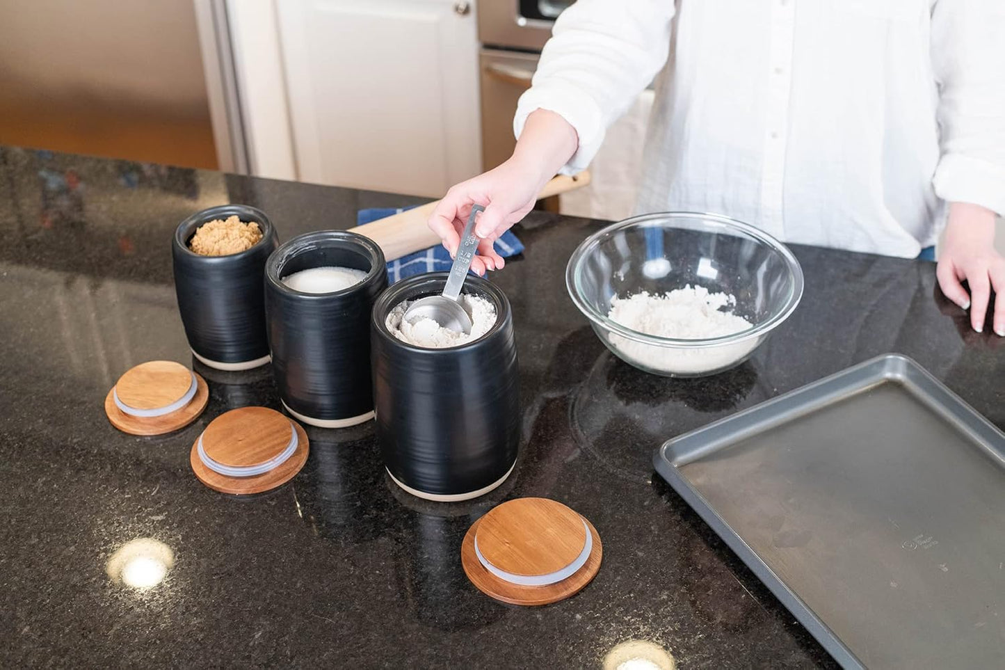 Nat & Jules Lidded Black 6 inch Ceramic and Wood Kitchen Canisters Set of 3
