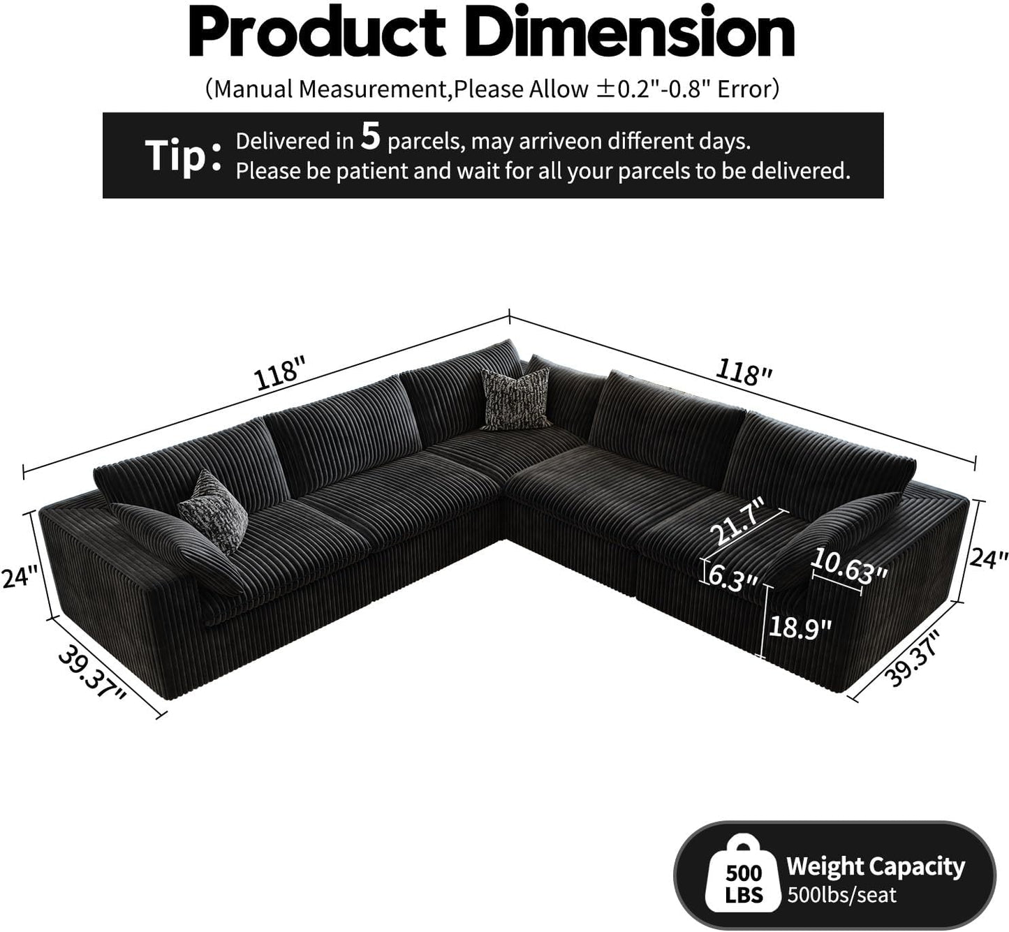 118" Cloud Couch Oversized Modular Sectional Sofa for Living Room,Modern Sofa with Deep Seat，V Shaped Boneless Couch,Comfy Upholstered Corduroy Couches for Apartment, Studio, Office,Bedroom，Black