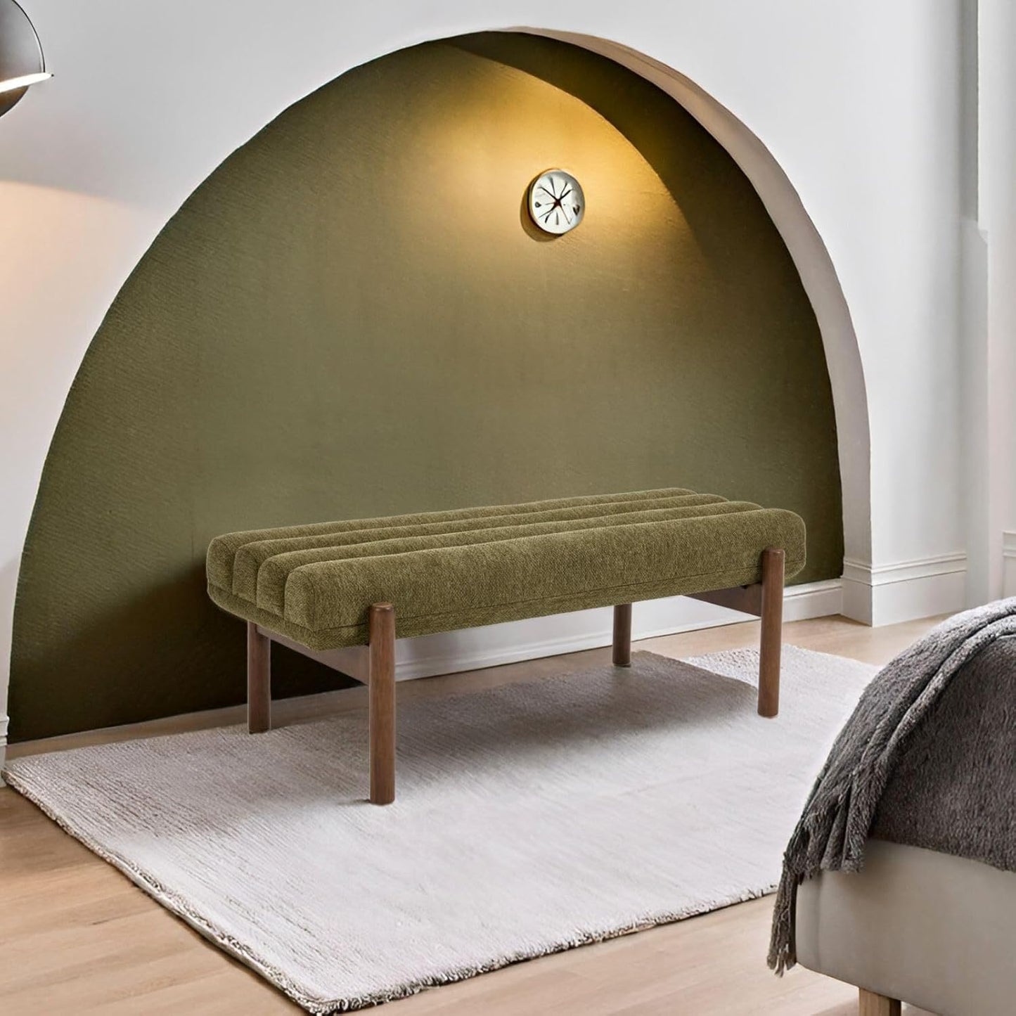 Green Upholstered Bench Modern End of Bed Bench Chenille Fabric Bedroom Bench for Entryway Living Room Vanity Makeup Room, 47" Long, Wooden Legs