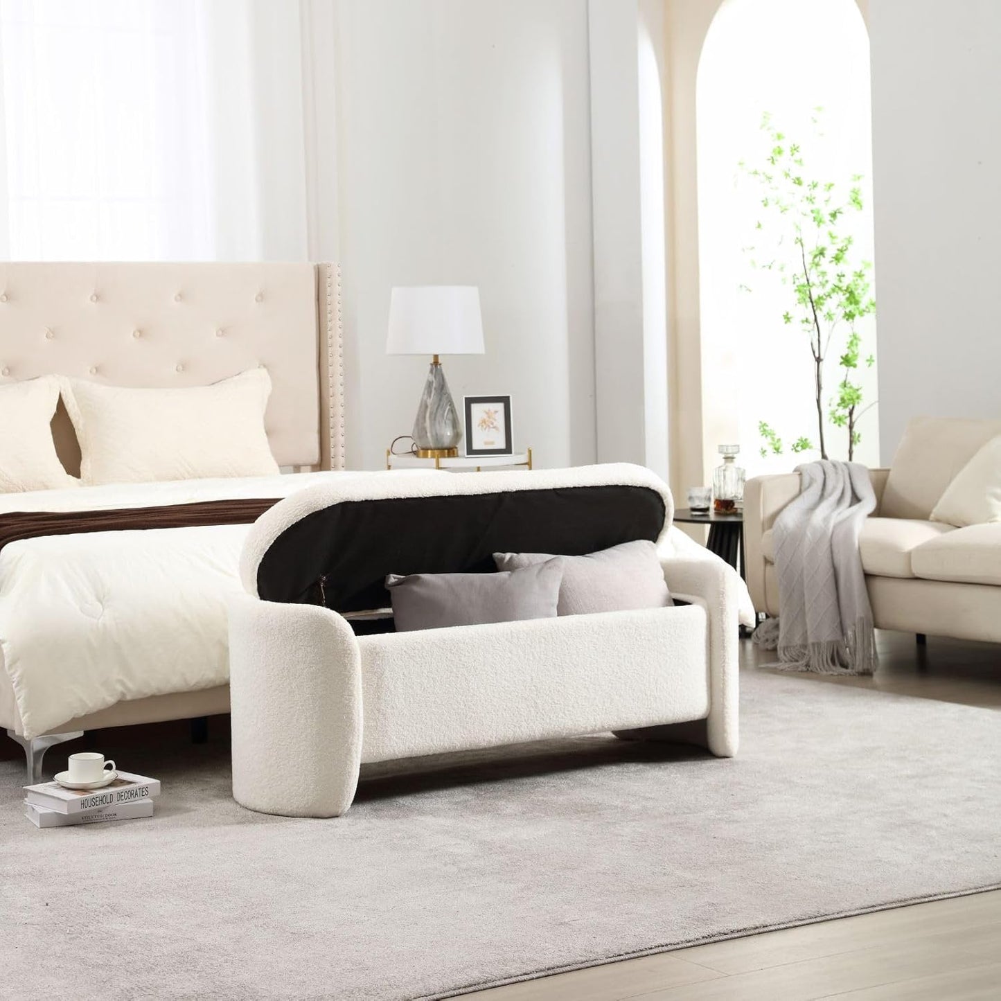 ROCTY White Boucle Storage Bench - 50" Sherpa Ottoman Bench for Bedroom, Entryway, Living Room & Vanity - Teddy Fabric with Storage & Seating
