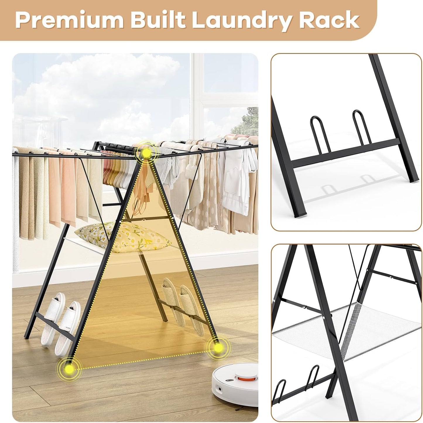 APEXCHASER Foldable Clothes Drying Rack, Metal Laundry Drying Rack Collapsible, Ultra Thin Clothes Rack for Sweater Bra Towel for Indoor & Outdoor Use, Height Adjustable Gullwing Clothes Airer, Black