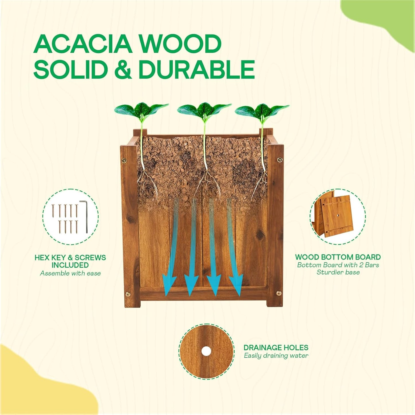 IDZO Set of 2 Acacia Wood Flower Planters for Outdoor Plants, Ergonomic Handles, Drainage Holes, Various Sizes, Ideal for Home Décor, Light Cherry