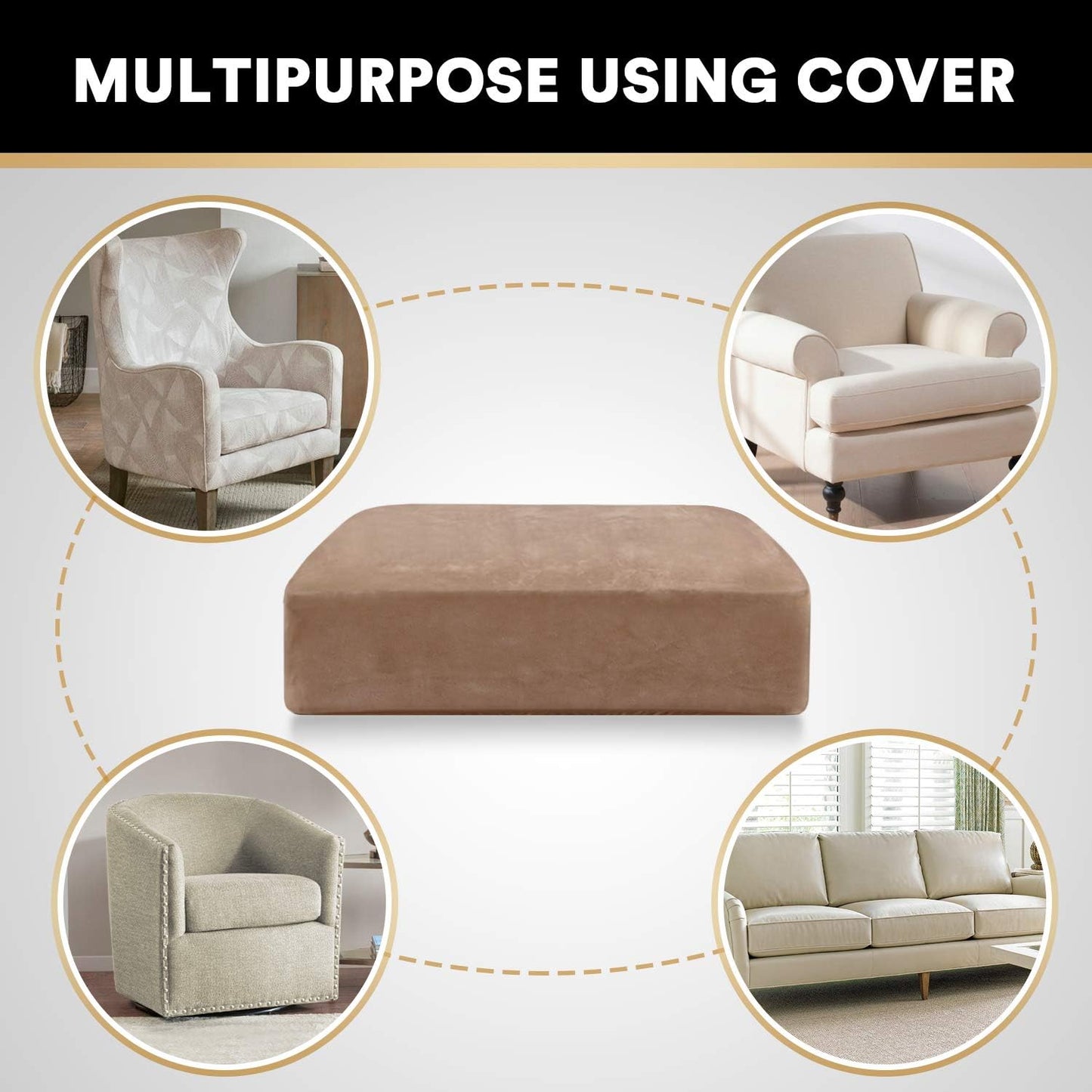 PrinceDeco Stretch Velvet Couch Cushion Cover,Soft Cushion Slipcover for Chair Cushion Furniture Protector Seat Cushion Sofa Cover Width Up to 29.5", Camel