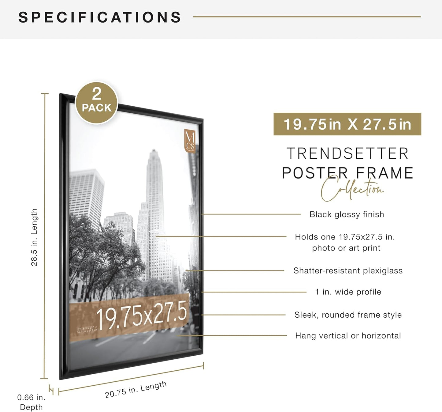 MCS Trendsetter 19.75x27.5 Poster Frame Black High-Gloss, Vertical & Horizontal Wall Hanging Large Picture Frame for Photos, Posters & Art Prints (2-Pack)